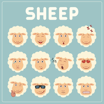 Emoticons set face of sheep in cartoon style. Collection isolated funny muzzle sheep with different emotion.