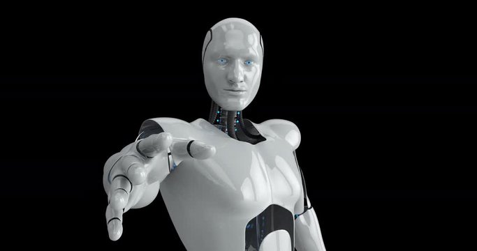 Humanoid futuristic male robot reaching out. 4K+ 3D animation with luma channel.