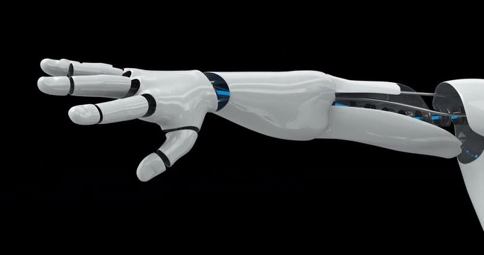 Humanoid futuristic male robot stretching his arm. 4K+ 3D animation with luma channel.