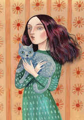 Girl hugging a grey cat