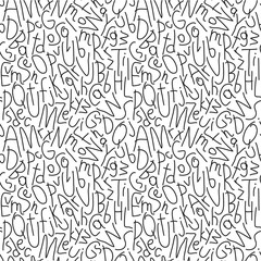 Fototapeta na wymiar Seamless pattern with hand drawn letters. Simple kids drawing style. Black elements on white background. Funny vector design for children print, background, wrapping, wallpaper, scrapbook.