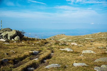 View of the city of Sofia from the mountain Vitosha. Landscape with blue sky and the stones. Bulgaria, Balkans