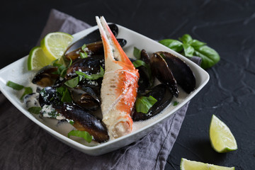 Mussels and crab stewed with cream and chopped herbs