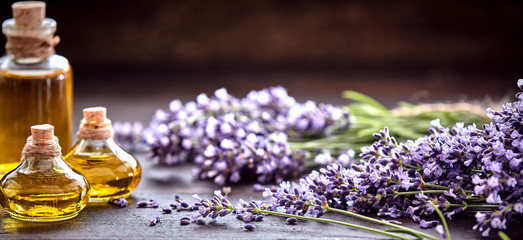 Panorama banner of lavender essential oil