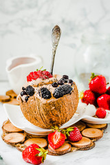 Chocolate ice cream with berries on coconut cup.Selective focus.Copy space.