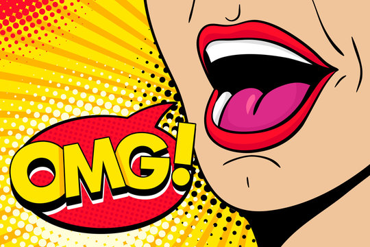 Closeup of sexy open female mouth screaming announcement and speech bubble with OMG! text. Vector bright colorful background in comic retro pop art style.
