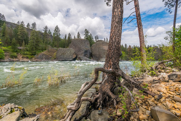 Impressive river, rocky outcroppings and expansive views of Riverside state park, Bowl and Pitcher, Spokane area, Eastern Washington, USA.