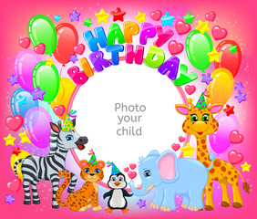 Obraz na płótnie Canvas Birthday party cute animal pink frame your baby photo