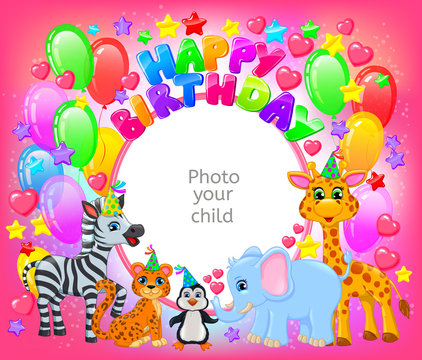 Birthday party cute animal pink frame your baby photo
