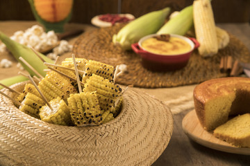 Grilled corn on the table with typical Brazilian junina food