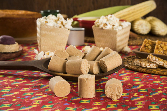 Pacoca - brazilian candy of ground peanut of festivity festa junina decoration.