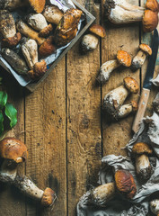 Freshly picked uncooked white forest mushrooms, green leaves and knife on rustic wooden background, top view, copy space, vertical composition