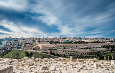 Panoramic view of Jerusalem with Dome of the rock and Temple Mount from Mount of Olives, Israel