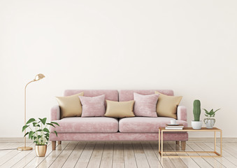 Livingroom interior wall mock up with pink fabric sofa and pillows on light beige wall background with free space on top. 3d rendering.