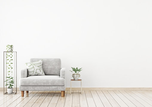 Scandinavian style interior wall mock up with gray velvet armchair, pillow and plants on white wall background. 3d rendering.