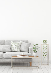 Scandinavian style interior wall mock up with gray velvet sofa and pillows on white wall background with free space on top. 3d rendering. © marina_dikh