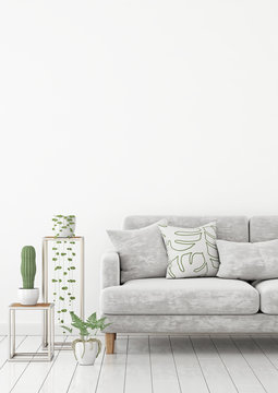 Scandinavian livingroom interior wall mock up with gray velvet sofa and pillows on white wall background with free space on top. 3d rendering.