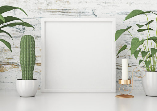 Square frame poster mock up with green plants on white wooden wall background. 3d rendering.