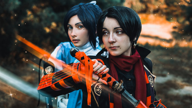 Two Samurai (shoulder to shoulder) are preparing for battle. Format 16:9 (film frame).