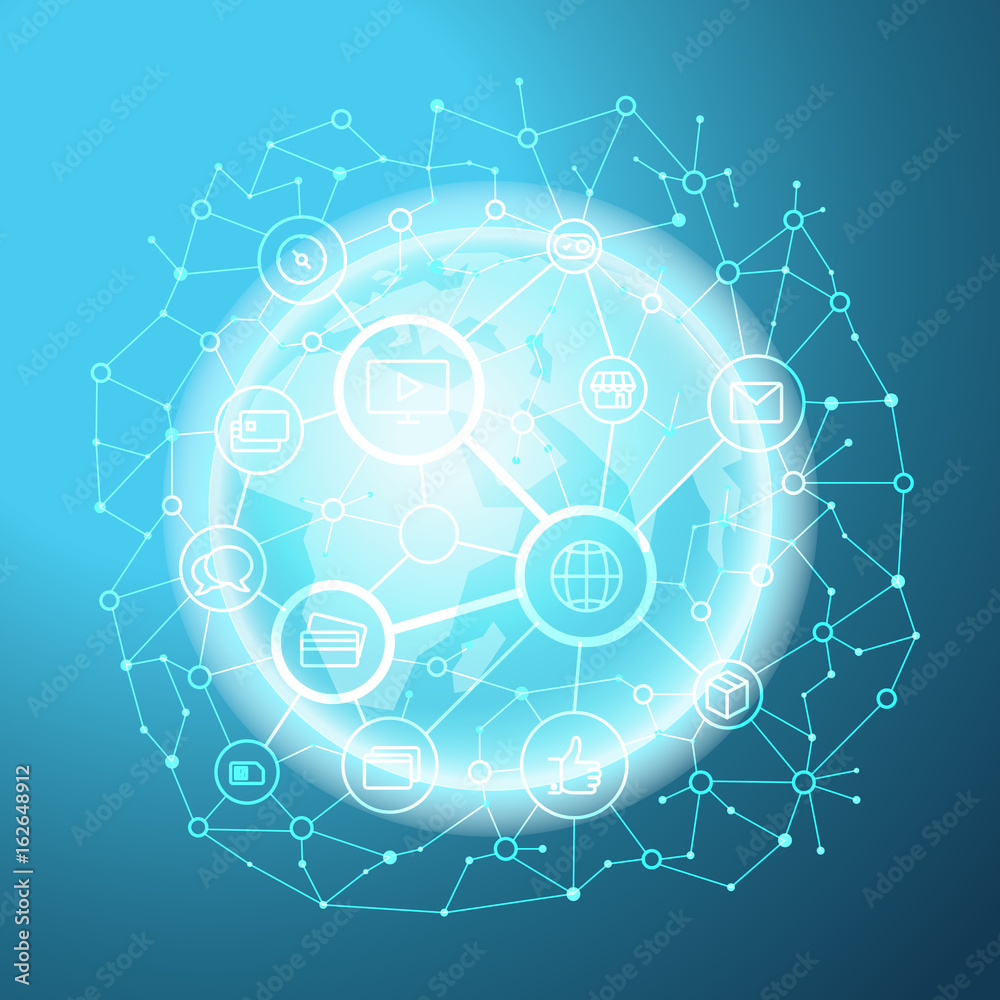 Aufkleber social media network vector concept. abstract communication scheme on the earth