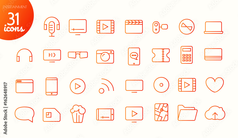 Aufkleber modern media web and mobile app thin line icons collection. entertainment