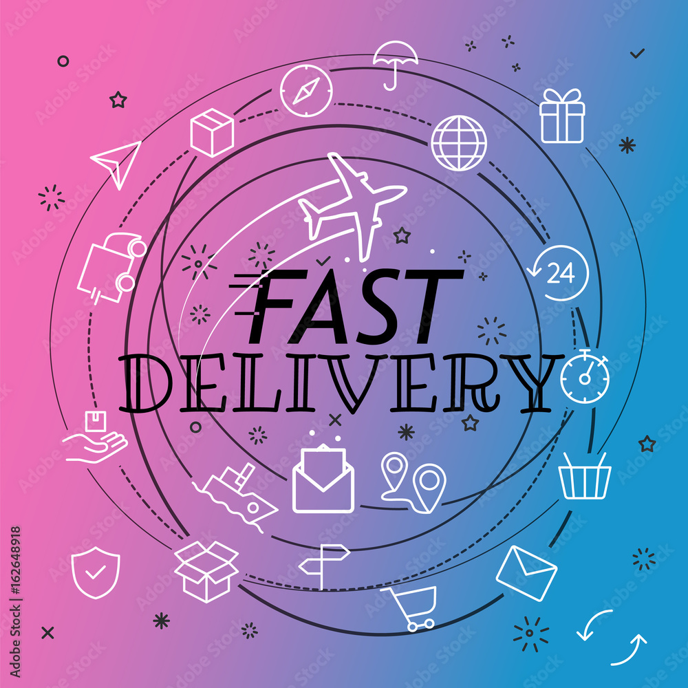 Poster fast delivery concept. different thin line icons included