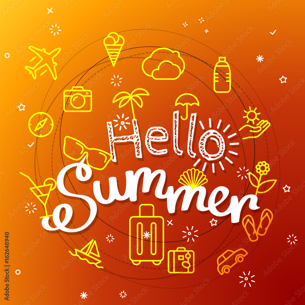 Aufkleber hello summer concept. different thin line icons included