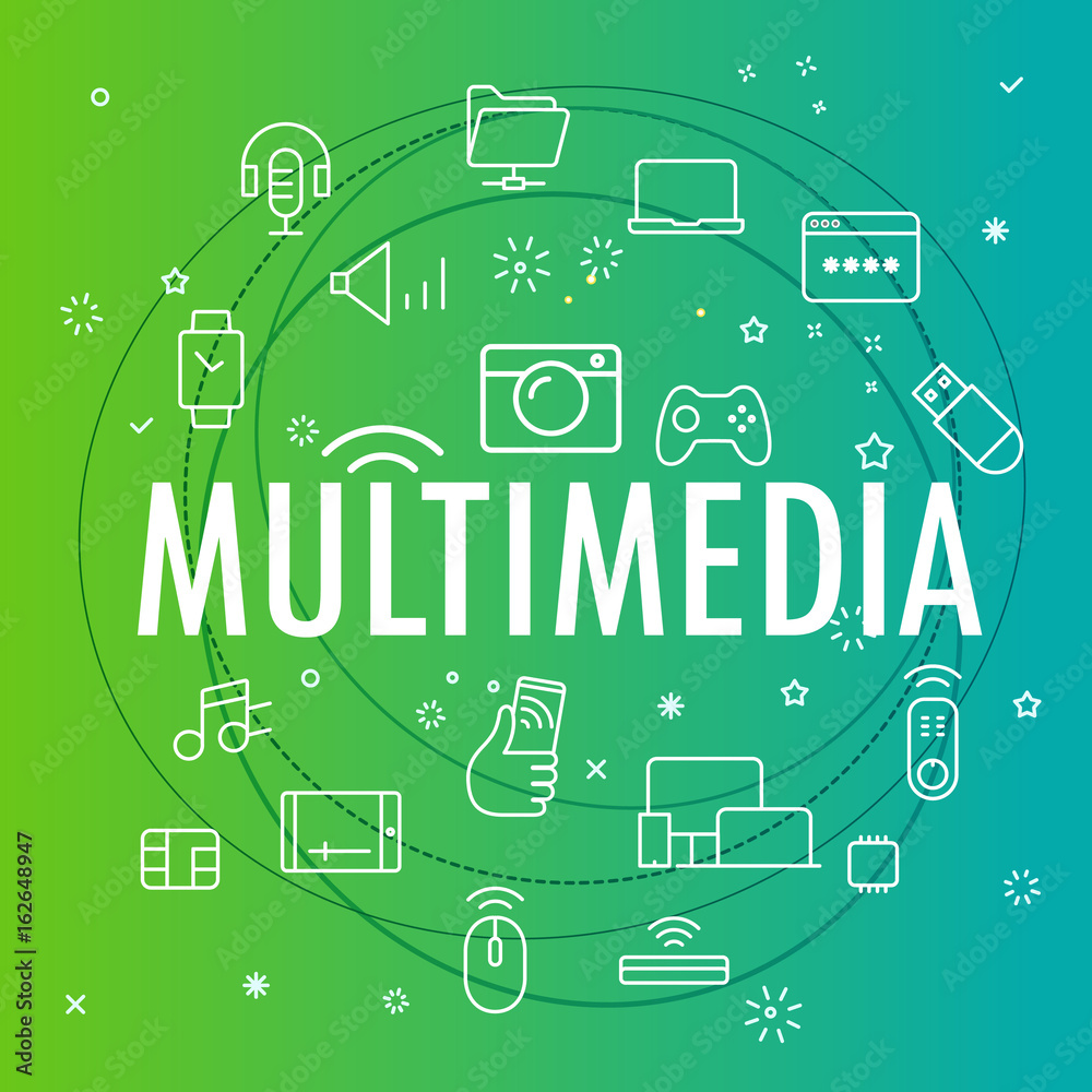 Poster multimedia concept. different thin line icons included