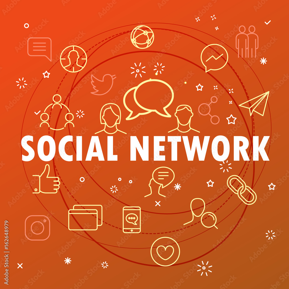 Poster social network concept. different thin line icons included
