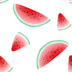 Seamless pattern with watercolor styled watermelon slices on white background. Vector illustration.