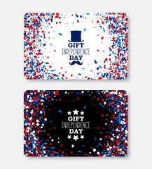 USA Independence Day Gift Card vector template with scattered papers in national American colors - red, white, blue. All objects isolated.