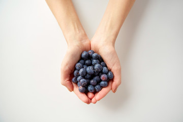 close up of young woman hands holding blueberries