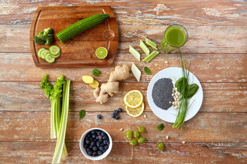 fruits, berries and vegetables on wooden table
