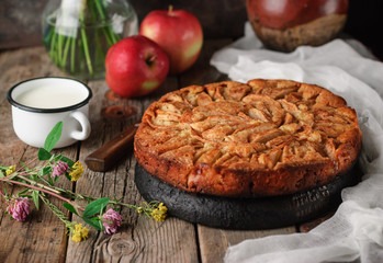 Homemade rustic Italian apple pie, a mug of milk, a pot of chamomile flowers, two raw shesh apples,...