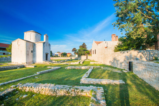 Archaeological site and medieval church in historic town of Nin, Dalmatia, Croatia 