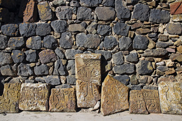 Ancient tombstones. Sevanavank. Armenia