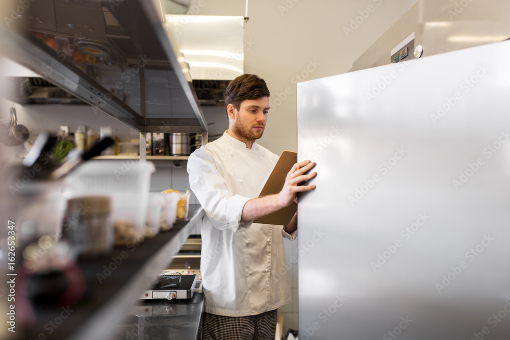 Poster chef with clipboard doing inventory at kitchen