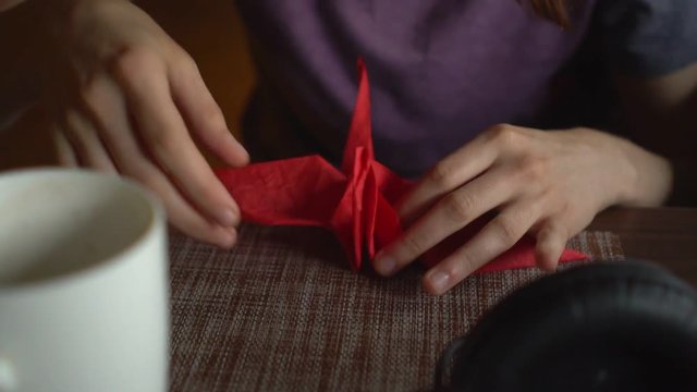 Young woman making origami paper crane