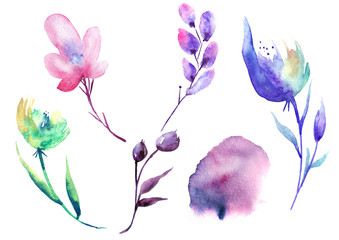 Watercolor set of exotic vintage flowers, plants, berries, stains. Beautiful stylish drawing, designer for design. On white isolated background.