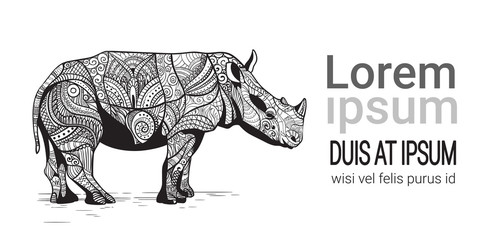 Rhino Drawing Zentangle Animal With Copy Space Vector Illustration