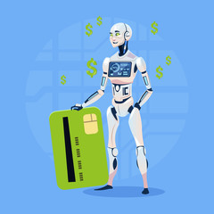 Modern Robot Hold Credit Card Futuristic Artificial Intelligence Technology Concept Flat Vector Illustration