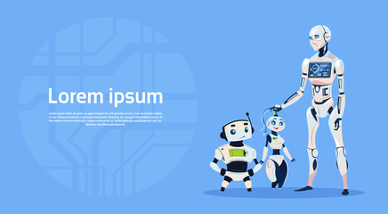 Modern Robot Group Futuristic Artificial Intelligence Technology Concept Flat Vector Illustration