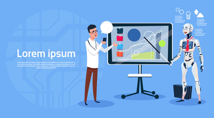 Modern Robot And Man Leading Presentation On Digital Screen Futuristic Artificial Intelligence Technology Concept Flat Vector Illustration