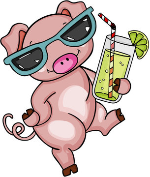 Cute Pig With Sunglasses Drinking Lemonade
