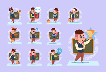 Small School Boy Standing Over Class Board Schoolboy Emotion Set Flat Vector Illustration
