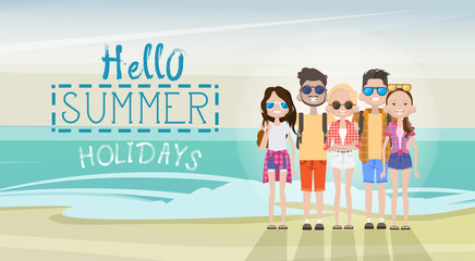 People Group On Summer Beach Vacation Concept Seaside Tropical Holiday Banner Flat Vector Illustration