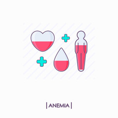 Collection of anemia icons. Heart, drop and human body with low level of red liquid