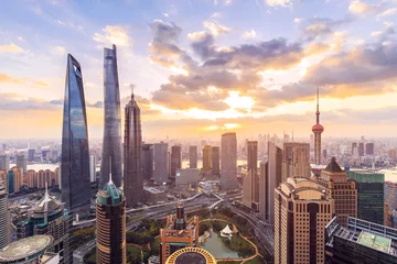 Fototapete Shanghai Skyline und Stadtbild von Shanghai bei Sonnenuntergang