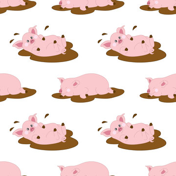 Vector Seamless Pattern with Cute Pigs. Vector Baby Pig. Pig Seamless Pattern Vector Illustration. 