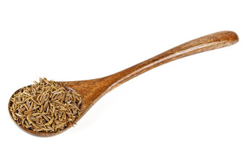 Cumin seeds in spoon isolated on a white background